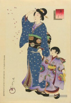  chikanobu - Les modes de l’est Azuma une femme et un enfant regardant les fleurs de cerisier tombent Toyohara Chikanobu